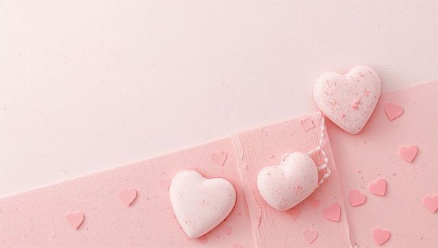 Pastel pink heart macarons on textured blush planks with confetti minimal flatlay