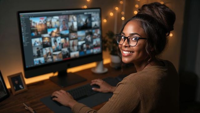Smiling woman with eyeglasses typing at home desk, monitor showing thumbnail grid, warm glow