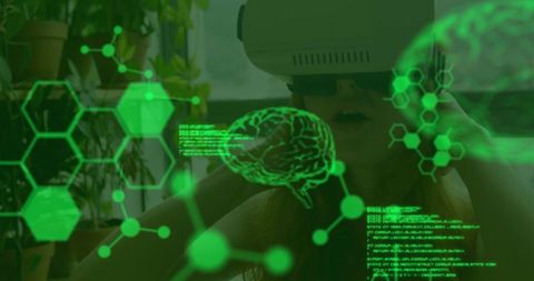 woman wearing vr headset with digital brain and futuristic graphics - Download Free Stock Images Pikwizard.com
