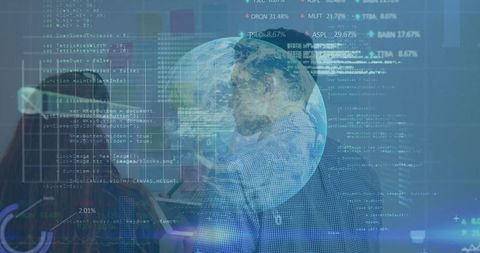 Business Professionals Analyzing Holographic Globe and Data