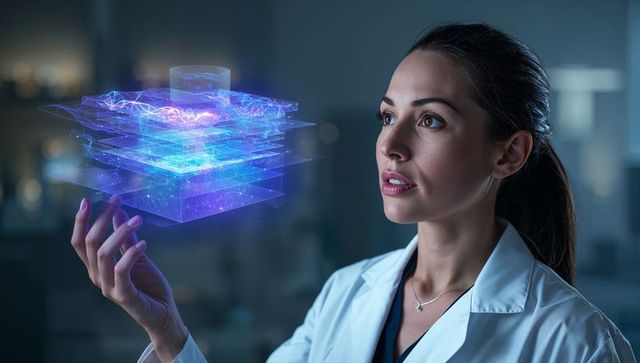 Examining scientist manipulating holographic 3d data layers representing ai-driven medical research