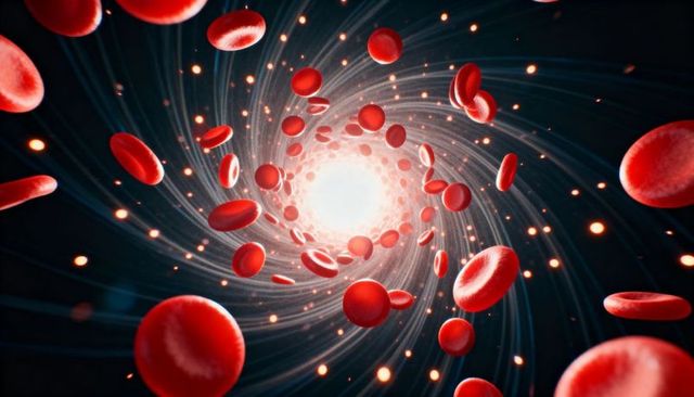 Flowing red blood cells spiraling into luminescent vascular vortex for medical visualization
