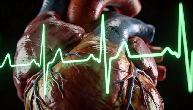 Pulsing human heart close-up with neon ecg overlay, glossy myocardium 3d medical render