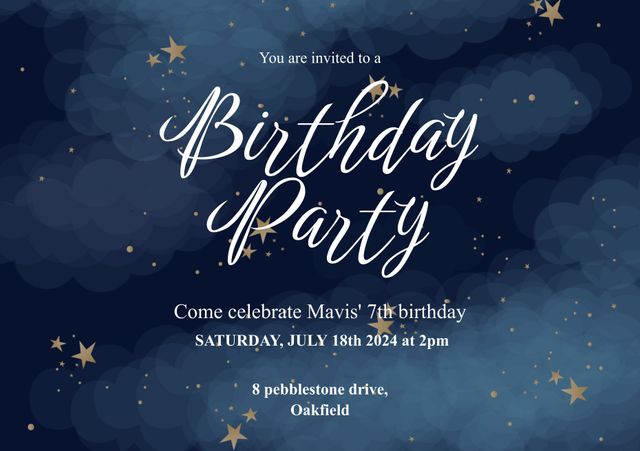 Beautiful and elegant birthday party invitation with a starry night sky theme. Featuring star decorations and whimsical clouds against a dark background, accented with calligraphy text in white for a luxurious and celestial feel. Perfect for 7th birthday celebrations or adapting for various age groups. Ideal for printing or sending digitally to invite guests to an enchanting birthday party.