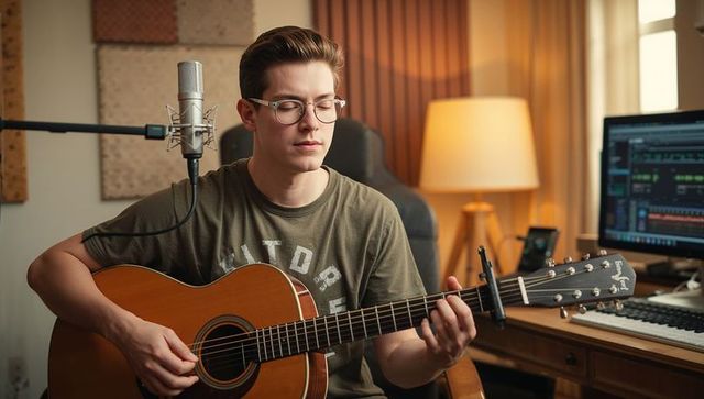 Young man playing acoustic guitar, recording in home studio with microphone and capo