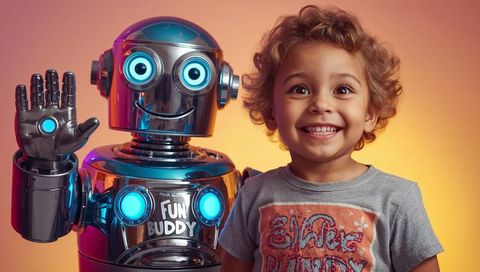 Preschool boy smiling beside friendly metallic robot fun buddy retro-futuristic toy portrait