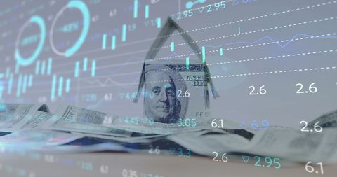 Financial Data Overlay on House Made of Dollar Bills