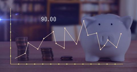 this digitally-generated concept depicts financial growth through overlay of growth charts and a piggybank. suitable for representing financial analytics, investment strategies, economic forecasting, and savings visuals. ideal for use in financial presentations, articles about managing finances or investment opportunities, and educational materials about economics.