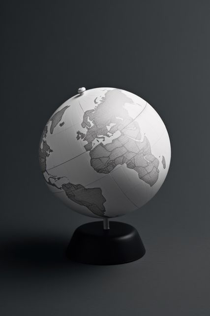 Monochrome globe displaying world maps on a dark background with a simple, minimalistic design. Perfect for educational purposes, geography classes, traveling themes, modern decor, and global studies. Suitable for articles, blogs, presentations, and promotional materials focused on exploration, travel, education, and minimalist design.
