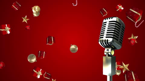 Vintage Microphone with Floating Christmas Gifts on Red Backdrop
