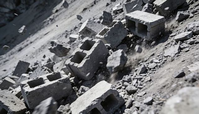 Tumbling cinder blocks and dust clouds crashing down over rocky slope, falling debris