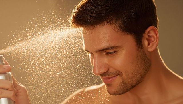 Male grooming spray portrait spraying facial mist in golden backlight for skincare ads