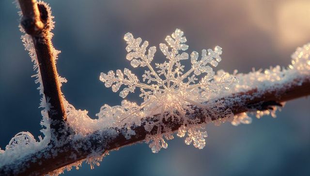 Intricate snowflake on frosty twig in winter garden