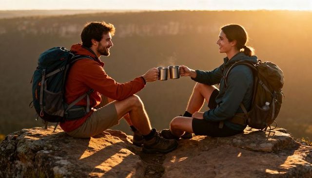 Hikers toasting with metal mugs on canyon rim during golden hour hiking adventure