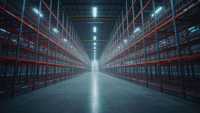 Empty warehouse aisle with red storage racks