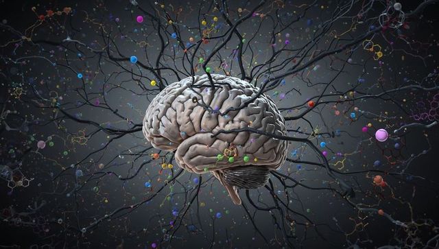 Floating Brain with Neural Fibers and Colorful Molecules in Digital Space