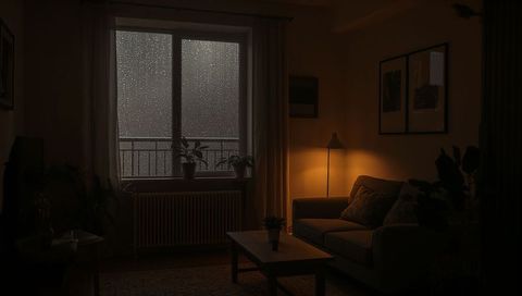 Rain-dappled window and warm lamp casting glow over cozy living room with sofa