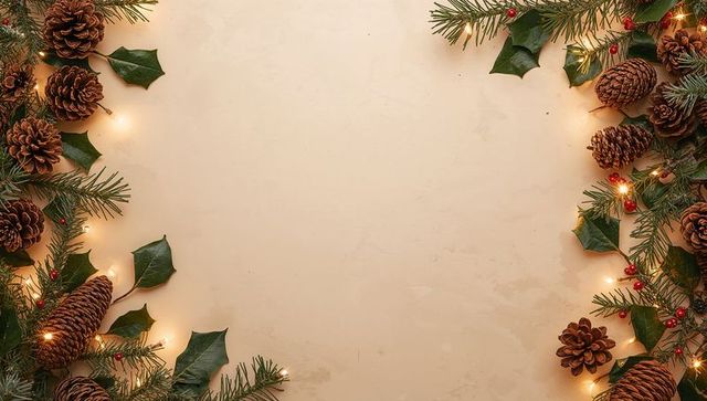 Rustic Christmas Flat Lay with Pine Cones, Holly Sprigs and Warm Lights for Greeting Card