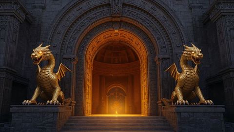 Glimmering temple entrance with majestic golden dragon statues