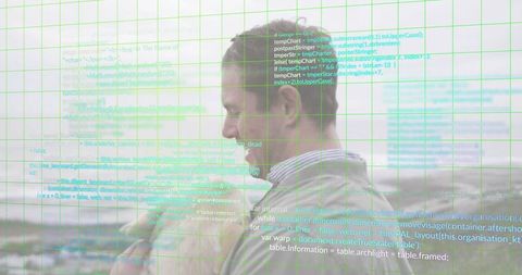 Man checking phone on waterfront balcony with augmented code overlay and green grid