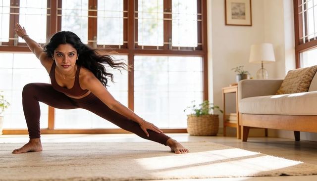 Strong woman practicing side lunge in burgundy activewear on rug in sunlit living room