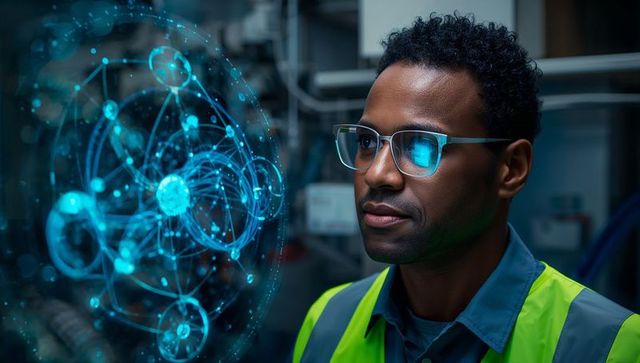 Engineer studying holographic industrial network wearing high-visibility vest and glasses