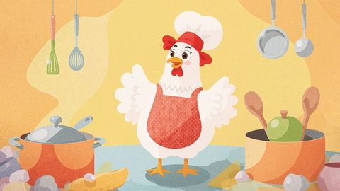 Cheerful cartoon chicken chef in whimsical kitchen