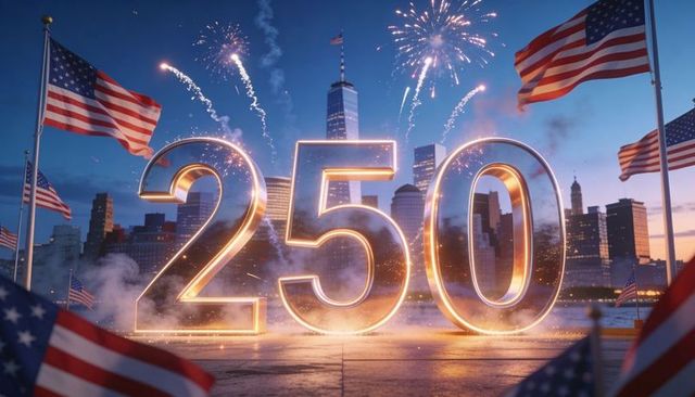 Patriotic 250 anniversary display with glowing metallic numerals, fireworks, us flags