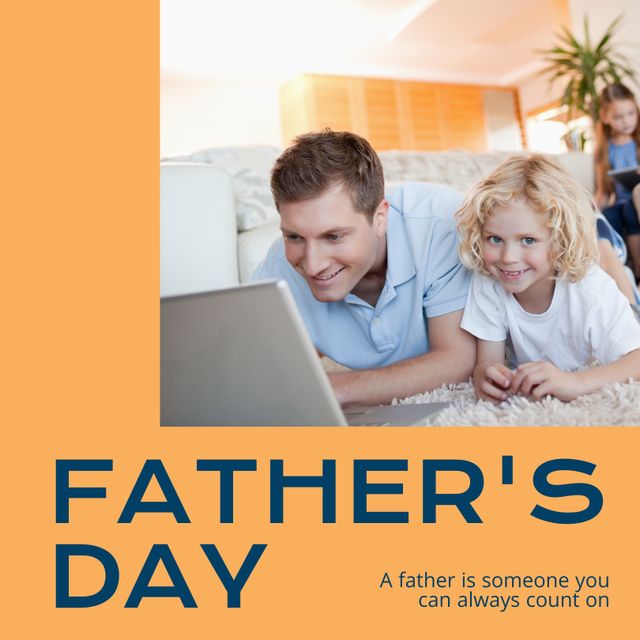 Father lying on the carpet with his son, both looking at a laptop screen while smiling. Ideal for promoting family bonding, Father's Day events, technological engagement, and happy parent-child relationships. Perfect for advertisements or greeting card designs related to Father's Day.