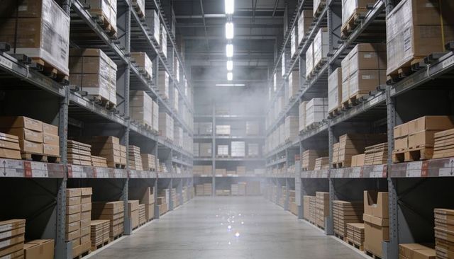 Symmetrical warehouse aisle leading to vanishing point with stacked pallets and shelving