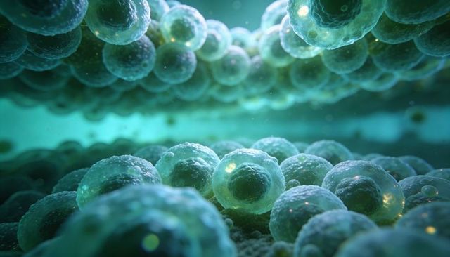Translucent spherical cell clusters with glowing nuclei in teal microscopy render