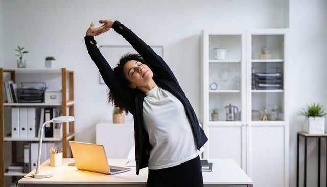 Woman stretching at desk during workday break in bright minimalist office with laptop