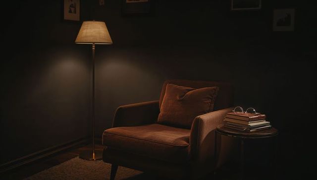 Cozy velvety armchair in moody reading nook with floor lamp, stacked books and glasses