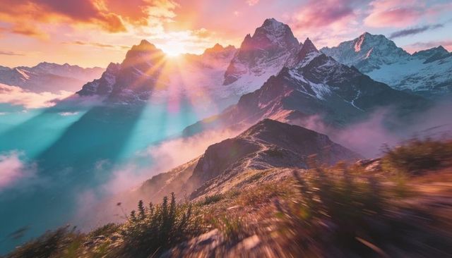 Sunburst over jagged alpine ridge with mist-filled valley and rocky summit trail