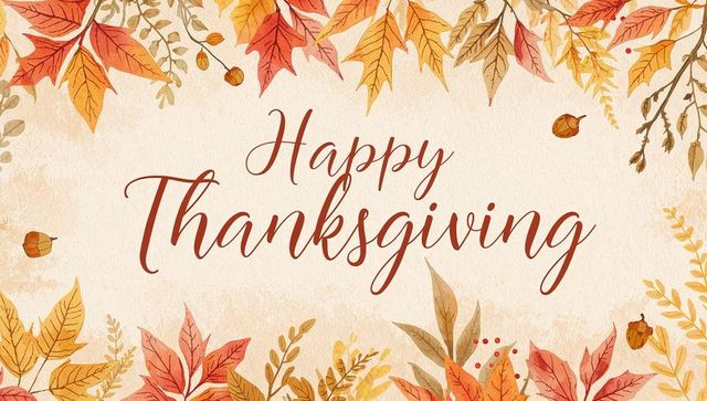 Elegant happy thanksgiving calligraphy with watercolor autumn leaves, acorns, parchment