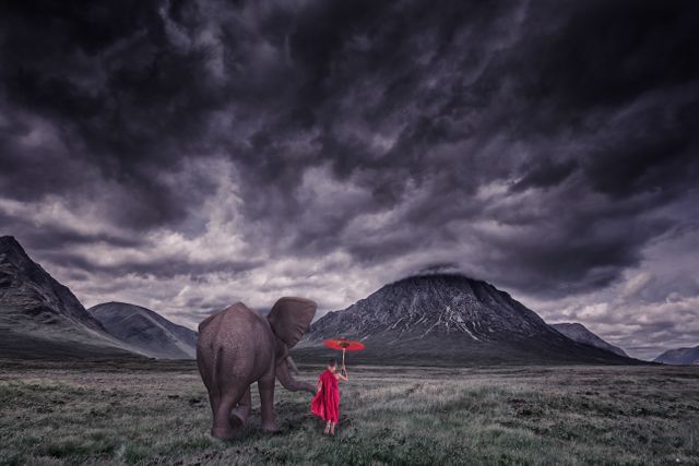 Girl in Red Dress with Elephant in Surreal Landscape - Download Free Stock Photos Pikwizard.com