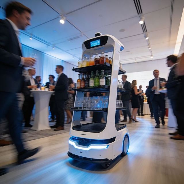 Autonomous service robot serving drinks and glassware at corporate cocktail reception