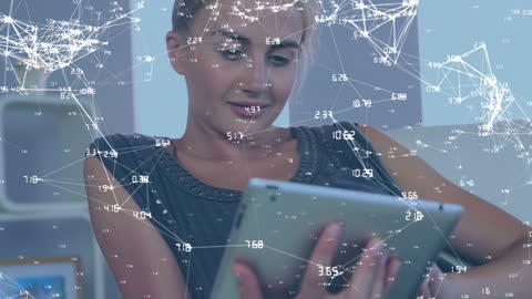 Woman Engaging with Digital Tablet and Network Visualization