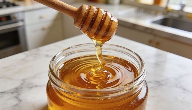 Wooden honey dipper dripping golden honey into glass jar on marble countertop with sink reflections