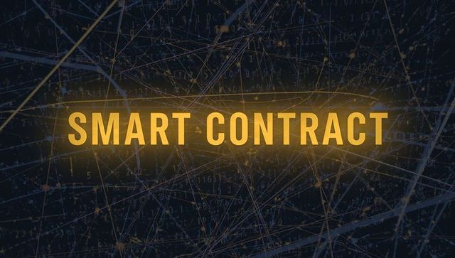 Glowing smart contract over blockchain network with neon nodes and digital code abstract