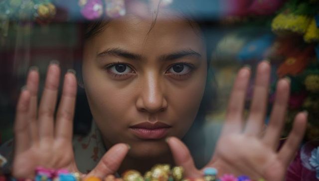 Young woman pressing palms against window, leaning amid colorful beads and reflections