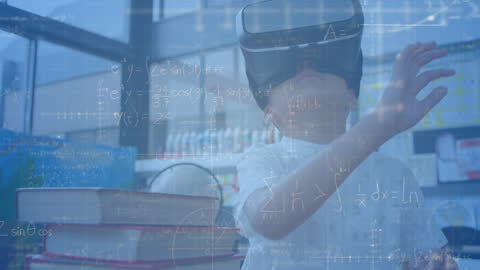 Schoolboy Engaging in Virtual Reality with Mathematical Formulas Overlay
