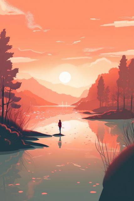 Perfect for projects featuring calm and peaceful nature scenes, this image illustrates a serene sunset over a tranquil lake. In the distance, a silhouetted figure stands on the water's edge, surrounded by trees and mountains bathed in pastel colors. Ideal for promoting relaxation, meditation, and natural beauty, it can be used in advertisements, blogs, websites, or printed art aimed at conveying tranquility and inner peace.