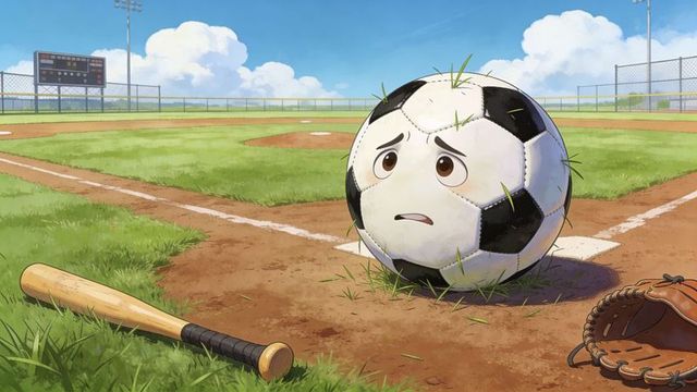 Worried soccer ball sitting on baseball diamond with bat and glove
