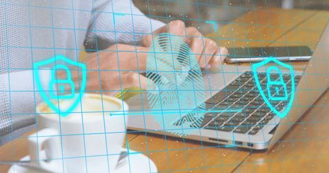 Biometric security concept with fingerprint overlay on laptop
