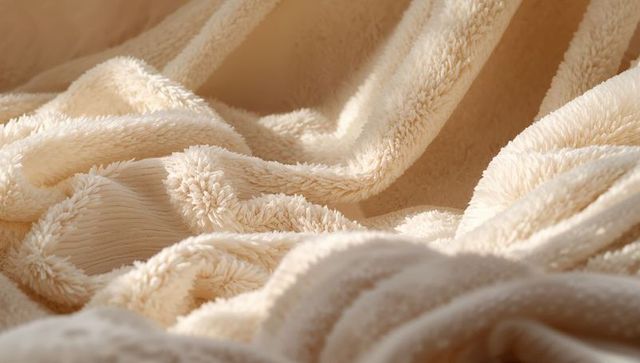 Cream fleece blanket with ribbed band and plush tufts catching warm sunlight