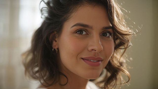 Warm natural-light closeup of woman turning left and smiling, soft indoor portrait