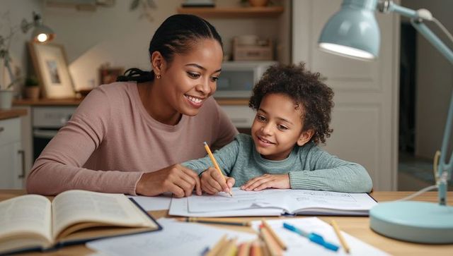 Smiling parent guiding child through homework at cozy home desk with study lamp and books