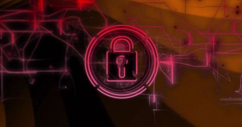 Pulsing neon padlock inside concentric rings for cybersecurity interface and data protection