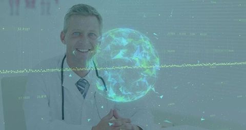 Doctor Analyzing Holographic Globe in Medical Office